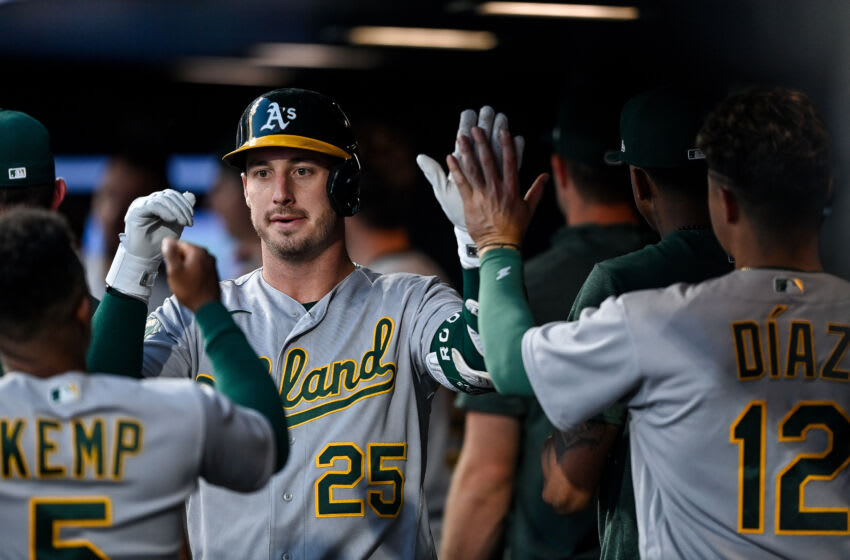 DENVER, CO - JULY 29: Brent Rooker #25 of the Oakland Athletics celebrates after hitting a sacrifice fly in the sixth inning against the Colorado Rockies at Coors Field on July 29, 2023 in Denver, Colorado. (Photo by Dustin Bradford/Getty Images)