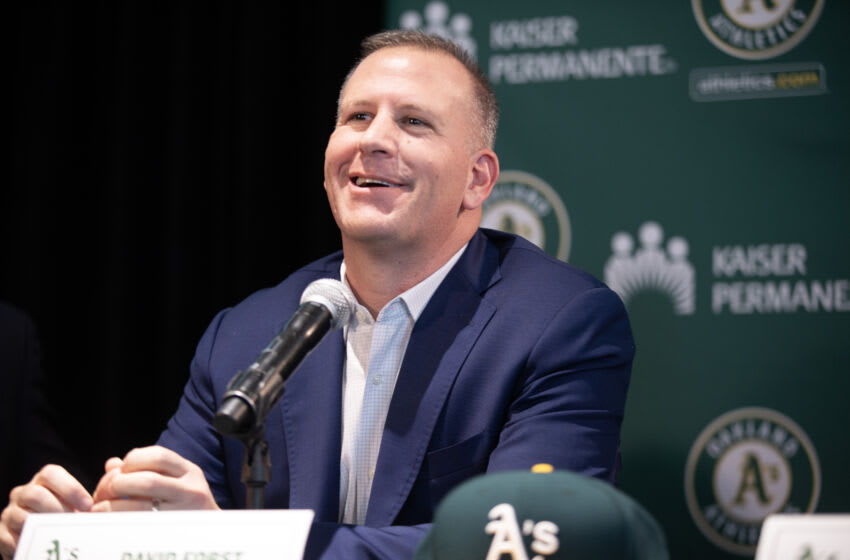 Jan 17, 2023; Oakland, CA, USA; Oakland Athletics general manager David Forst answers questions from the media as newly signed pitcher Shintaro Fujinami is introduced by the team at a press conference. Mandatory Credit: D. Ross Cameron-USA TODAY Sports