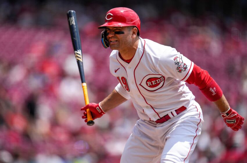 Cincinnati Reds first baseman Joey Votto (19) tosses his bat away as he walks in the second inning of the MLB National League game between the Cincinnati Reds and the Colorado Rockies at Great American Ball Park in downtown Cincinnati on Wednesday, June 21, 2023. The game was tied 3-3 after five innings.