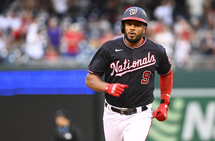 Jul 3, 2023; Washington, District of Columbia, USA; Washington Nationals third baseman Jeimer Candelario (9) rounds the bases after hitting a solo home run against the Cincinnati Reds during the fourth inning at Nationals Park. Mandatory Credit: Brad Mills-USA TODAY Sports