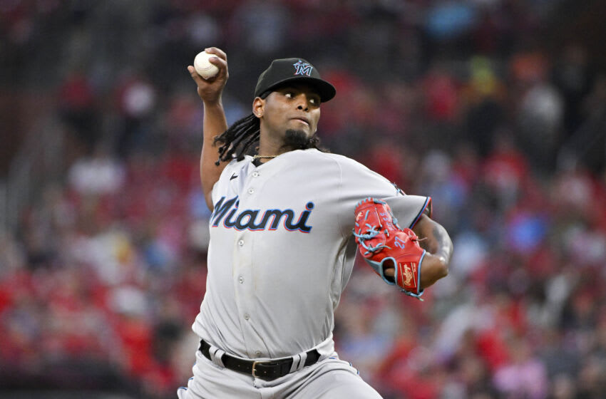 Jul 18, 2023; St. Louis, Missouri, USA; Miami Marlins starting pitcher Edward Cabrera (27) pitches against the St. Louis Cardinals during the sixth inning at Busch Stadium. Mandatory Credit: Jeff Curry-USA TODAY Sports