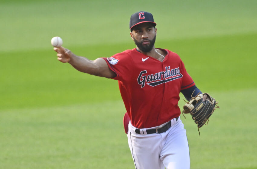 Jul 25, 2023; Cleveland, Ohio, USA; Cleveland Guardians shortstop Amed Rosario (1) throws to first base in the first inning against the Kansas City Royals at Progressive Field. Mandatory Credit: David Richard-USA TODAY Sports