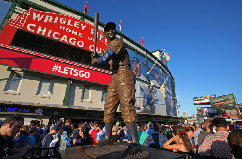 CHICAGO, IL - AUGUST 6: Exterior, overall, wide angle general view outside Wrigley Field, including Ernie Banks statue before the game between the San Francisco Giants and Chicago Cubs on Thursday, August 6, 2015 in Chicago, Illinois. (Photo by Brad Mangin/MLB Photos via Getty Images) 